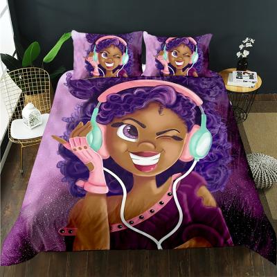 China Black 3D Art Viable Girls Customized Name African American Love Music Purple Hair Bedding Set for sale