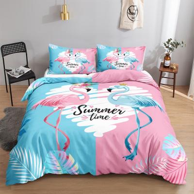 China Sustainable Tropical 3D Duvet Cover Set Natural Plant Flamingo Love, Decorative 3 Piece Bedding Queen, Blue Pink for sale