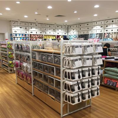 China Foshan Single Sided Supplier Customized Size Metallic And Miniso Wooden Store Supermarket Retail Stores Show Racks for sale