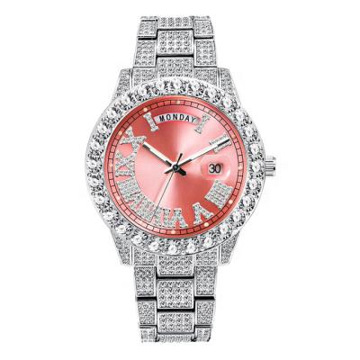 China Fashion 2022 New Arrival Automatic Men's Date Brand Luxury Diamond Day Date Quartz Iced Out Pink Dial Wrist Watch for sale