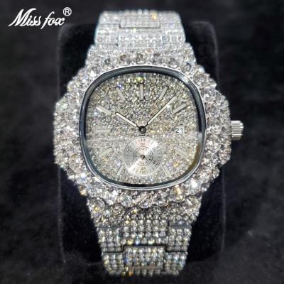 China New Luxury Hip Hop Auto Date MISSFOX Iced Out Fashion Fully Diamond Luminous Male Quartz Clock for sale