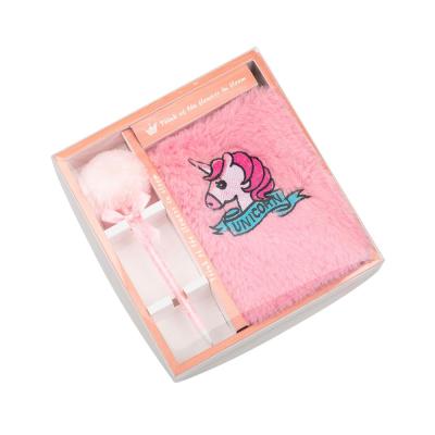 China Wholesale Printed JH Brand Lovely Unicorn Plush Notebook Pen Set with Hairball Ball Pen for sale