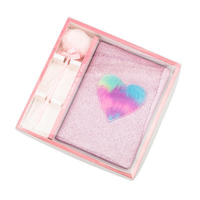 China Promotional hardcover girl birthday gift set lovely cute plush heart hardcover notebook with pen for sale