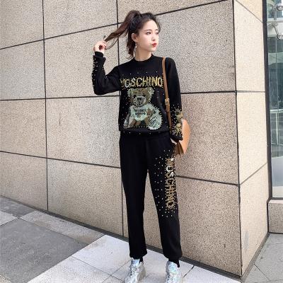 China Wholesale Autumn Latest Design Sexy Women Breathable Fashion Beaded Knitted Long Sleeve Round Collar Top And Long Pants Two Piece Set for sale