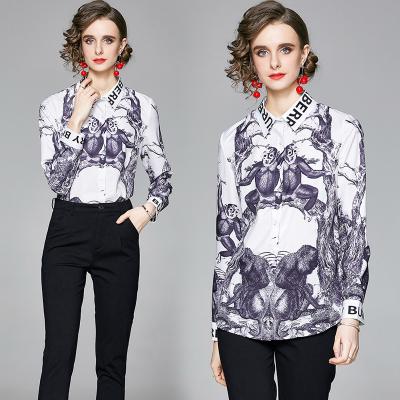 China 2022 Wholesale Spring Anti-pilling Long Sleeve Printed Elegant Casual Turn Down Top Office Wear Ladies T-shirt Women Blouse for sale