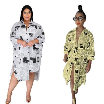 China New Arrival Casual Loose Newspaper Print Breathable Sheath Long Short Front And Long Back Midi Ladies Plus Size Dresses 2022 With Pockets for sale