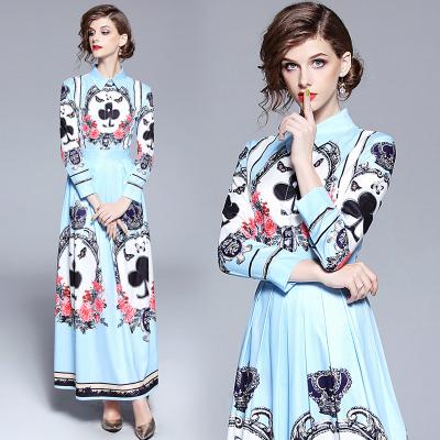 China Breathable New Style Long Yard Lapel Sleeve Exquisite Positioning Printing Waist Closing Big Swing Royal Blue Dresses For Girls for sale