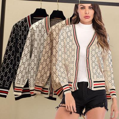 China Newest Anti-wrinkle style European winter fashion sleeve V-neck sale women best letter loose floral casual sweater long knit cardigan for sale