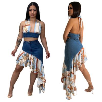 China New Breathable Wrap Chest Neck Halter Women's Denim Quilting Ruffle Top and Dress Women Two Piece Skirt Set 2022 for sale