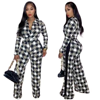 China Quantity New Fashion V Neck Plaid Hot Sale Breathable Wide-legged Sexy Deep Leg Ladies One-Piece Overalls With Long Pants for sale