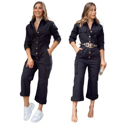 China 2022 Autumn New Breathable Fashion Stretching Black Solid Color Women Ladies Casual Loose Maching Slimming Custom Overalls for sale