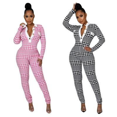 China Breathable In Stock 2 Color Slimming Overalls Button Up Stripe Houndstooth Women Summer Elegant Overalls 2022 for sale