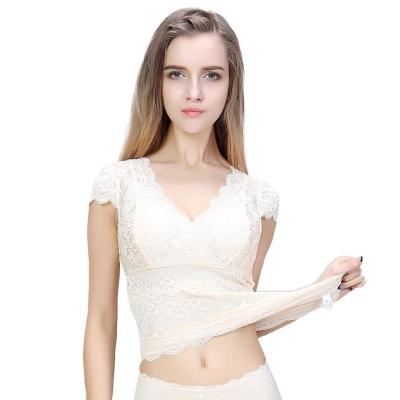 China Breathable the latest design of tight fit lace tops ladies high end quality lace blouse wholesale sleeveless short lace shapewear for sale