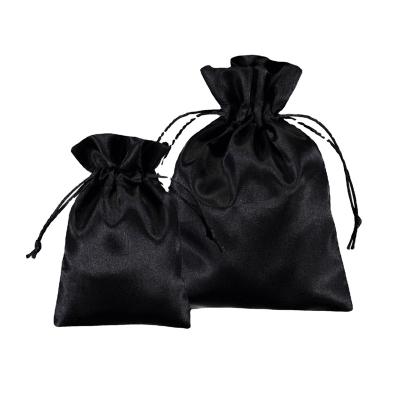 China Custom Recyclable Black Silk Organic Satin Hair Extension Bag Drawstring Bag With Logo Printing for sale