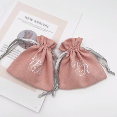 China Recyclable Personalized Brand Logo Print Jewelry Pouch Pink Velvet Drawstring Bag For Jewelry for sale