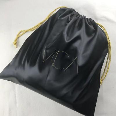 China Recyclable Bulk Black Luxury Soft Silk Satin Drawstring Bags Packaging Bag For Wig Hair for sale