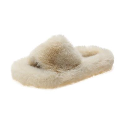 China Cushioning Fashionable Winter Home Slippers Shoes Ladies Soft Plush Furry Female Open Toe Slides Women Warm Faux Fur Slippers for sale