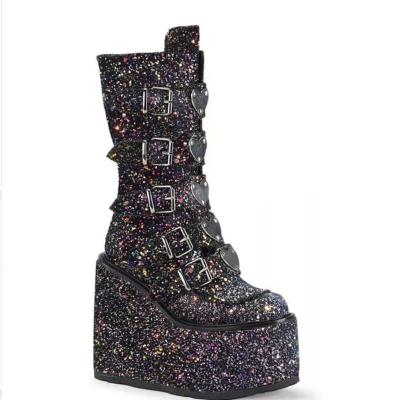 China Thermal Autumn Winter Shoes Zipper Martin Thick Bottom Glitter Boots Wedges goth  pink knee high boots stage of boots for sale