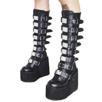 China Thermal Customize Platform Round-Toe Zip Punk Goth Mid Calf Combat knee 11cm High boots for women Motorcycle Large Size shoes for sale