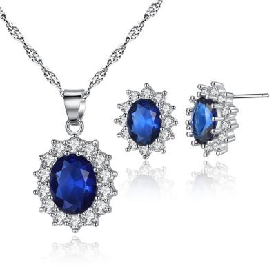 China Wholesale High Quality Blue Vintage Color Zircon Stone 2 Pcs Gift Jewelry Sets Fashion Necklace And Earrings Set For Women for sale