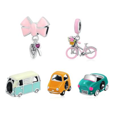 China 2021 New Arrival 100% 925 Sterling Silver Cute Cartoon Cute Pink Car Bicycle Pendant Charm For Bracelets for sale