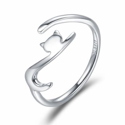 China Casual/Sporty Platinum Plated Cat Animal Jewelry Sticky Adjustable 925 Sterling Silver Ring For Girl for sale