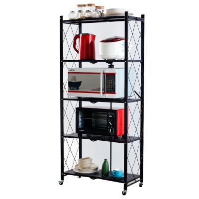 China Good Quality Sustainable 5 Layer Shelves Rack Foldable Shelf With Wheels for sale