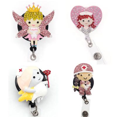 China Cute Office Cartoon Girl Metal Rhinestone Style Hospital Nurse Badge Reel With Clips for sale