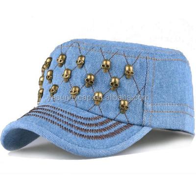 China Character OEM Good Quality Denim Army Flat Hats With Brass Rivet for sale