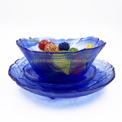 China Sustainable round custom set of 3 large clear ink blue glass salad fruit bowls for sale