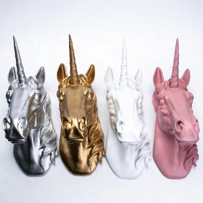 China Europe Gold Resin 3d Silver Pink White Unicorn Mounted Animal Head With Gold Glitter Horn for sale