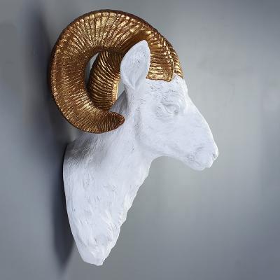 China Europe Vintage Wall Mounted Artificial Fake Goat /ram White Head With Gold Antlers / Horn for sale