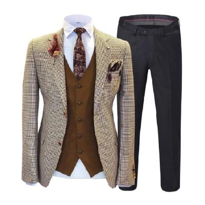 China Custom slim fit Anti-wrinkle wool tweed business plaid design wedding groom 3 piece suits set for men for sale