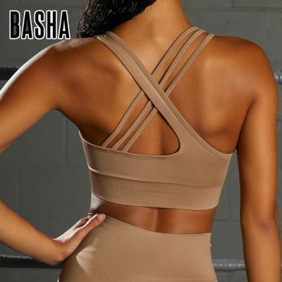 China BASHAsports Yoga Bra Seamless High Waist Seamless Cross Back High Hips Tight Yoga Pants Shockproof Yoga Two Piece Set for sale