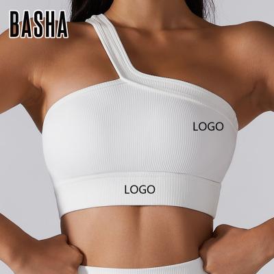 China BASHAsports 2022 New Fasion Breathable Spring Padded Sports Underwear Workout Fitness Bra Ribbed One Shoulder Bra for sale