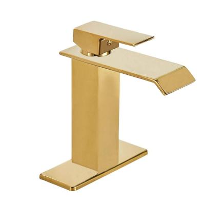 China Luxury BWE Brushed Gold Handle Single Bathroom Faucet Brass Waterfall Basin Faucet for sale