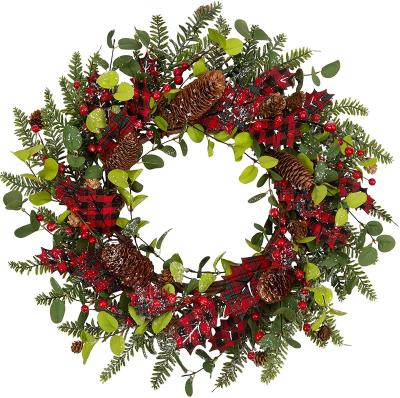 China Wedding Party Garden Decor 20 Inch Artificial Christmas Garland with Red Pine Cone Berries and Pine Branches for Front Door Christmas Decorations for sale