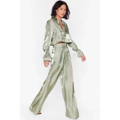 China Anti-wrinkle 2021 best selling work women's formal suit cropped blazers suits long pants shine silk satin 2 piece set for sale