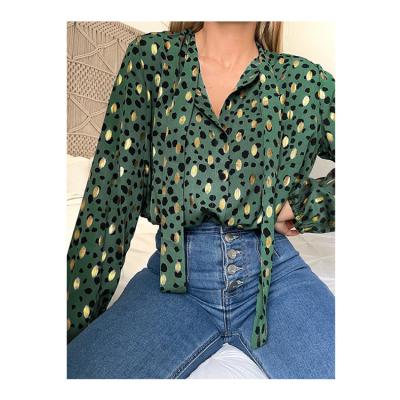 China Fashion Viable High Quality Style Elegant Tie Up Shirt Blouses Daily Use Ladies Shirts Office Printed Blouse for sale