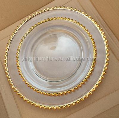 China Eletroplated Gold Beads Edged Glass Charger Plates To Wedding for sale