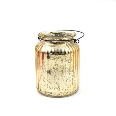 China Home Decoration Mercury Colored Lantern Wholesale High Quality Electroplating Glass Candle Holder With Hanging Wire for sale