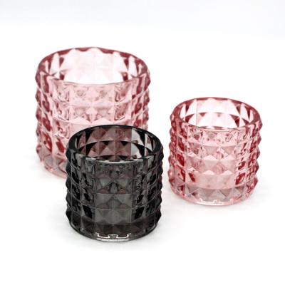 China Home Decoration Wholesale Round Diamond Candle Jar Tealight Glass Holder With Color for sale