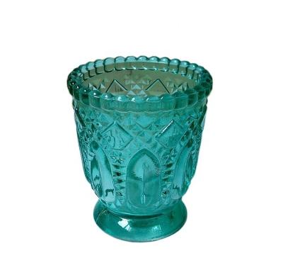 China Religious Activities Wholesale Candle Embossed Glass Jar Sprayed Tealight Glass Holder Color Candle Holder Glass Votives for sale