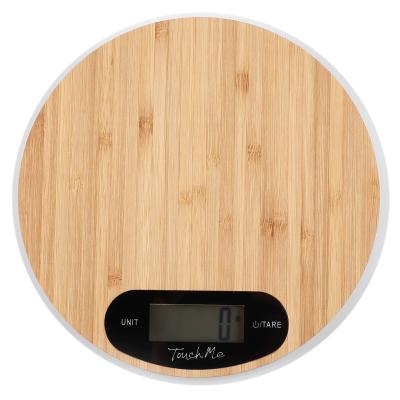 China Weight Measuring Touch Sensitive Touch Food Scale Power Battery Cook Scale Bamboo Round Digital LCD Electronic Kitchen Scale for sale