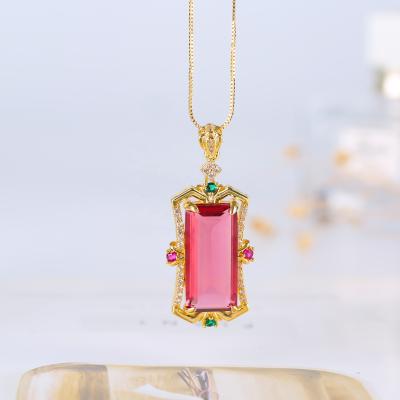 China Europe and America zircon necklace jewelry ladies square red gold plated chain stainless steel zircon necklace for sale