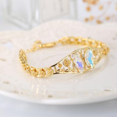 China 2021 Vintage Butterfly Bracelet Gold Plated Stained Glass Crystal Butterfly Stainless Steel Bracelet for sale