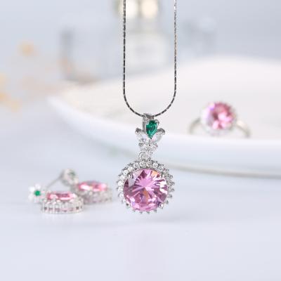 China DIY Handmade Pink Crystal 925 Glass Necklace Ring Earrings Silver Inlaid Jewelry Set for sale