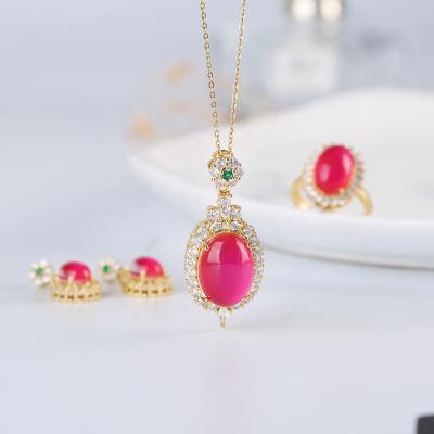 China DIY 925 Glass Crystal Top Quality Rose Jewelry Silver Inlaid Set Handmade Include Necklace Ring Earrings for sale