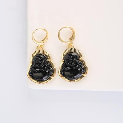 China Other Buddha Earrings 2021 New Black Agate Buddha Dangle Earrings With Inlay Fashion Gold Plated Earrings for sale