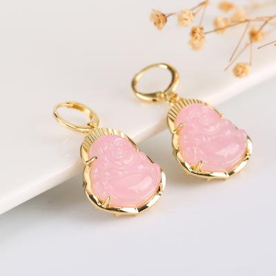 China FASHIONED Buddha Earrings 2021 New Pink Agate Buddha Dangle Earrings With Inlay Fashion Gold Plated Earrings for sale